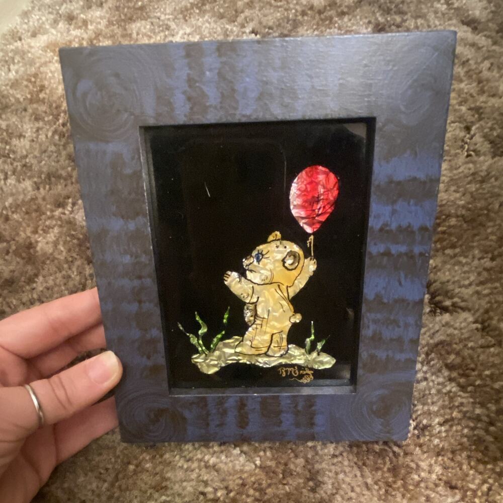 Signed Framed 3.5” x 4.5” Reverse Tinsel Painting Vintage Pennsylvania Bear Art